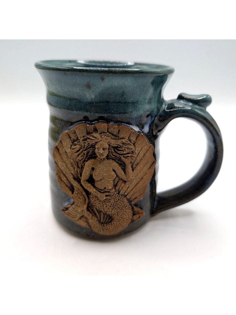 Handmade Pottery Mug W 3D Mermaid Design Blue & Brown Artist Signed